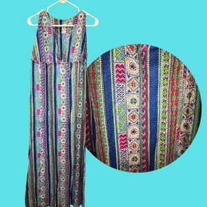 VINTAGE Bohemian Multi‑Stripe Maxi Dress - Blue/Green/Pink